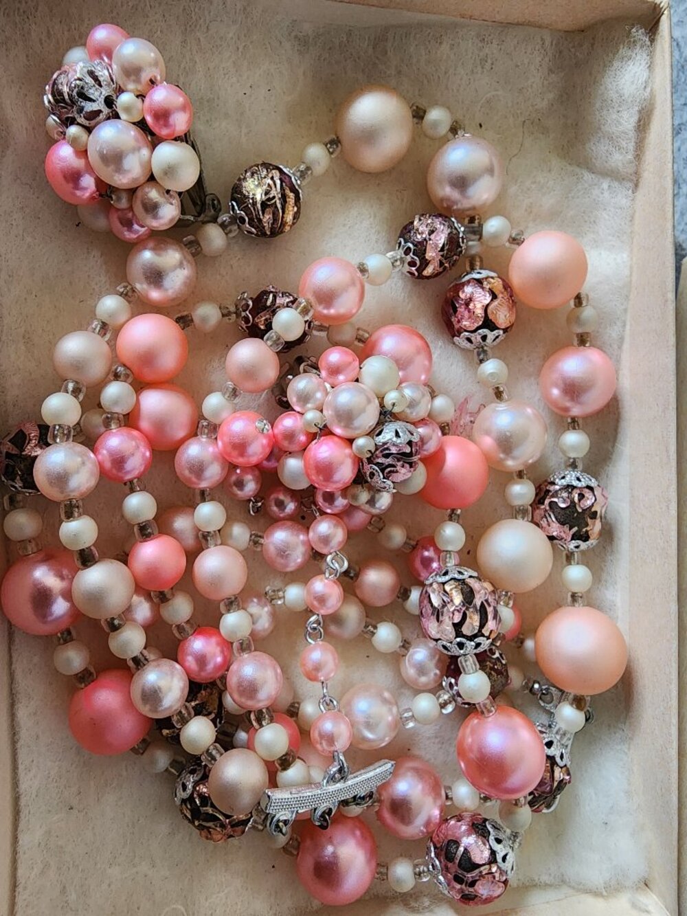 Vintage Japan Pink Triple Strand Beaded Necklace & Clip On Earrings Set